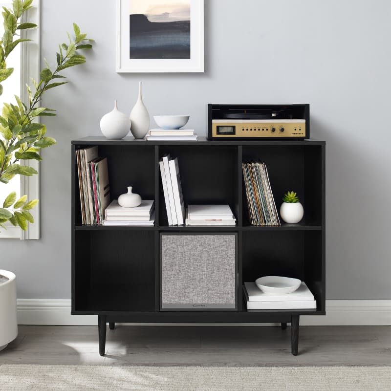 LIAM 6 CUBE RECORD STORAGE BOOKCASE WITH SPEAKER, Black Crosley Furniture