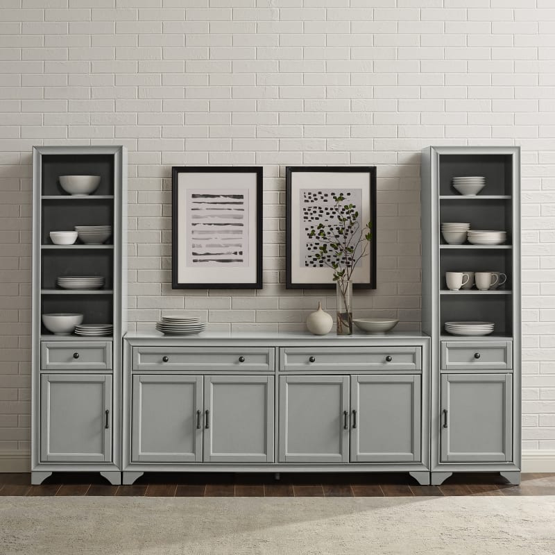 TARA 3PC SIDEBOARD AND BOOKCASE SET, Distressed-Gray - Crosley Furniture